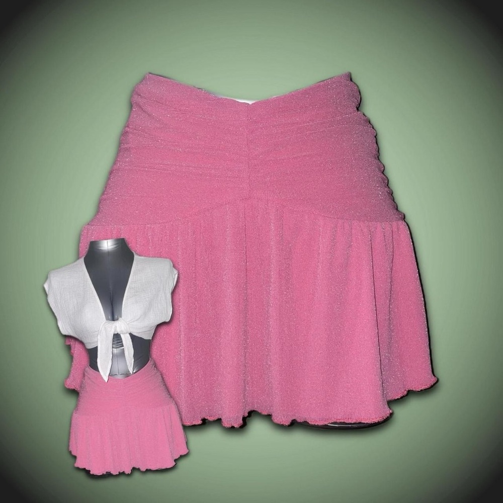 Pink Ruched Tie Front Mini Skater Skirt
